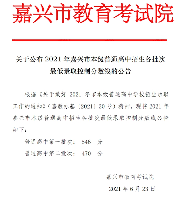 2021年嘉兴中考分数线,嘉兴高中录取分数线是多少