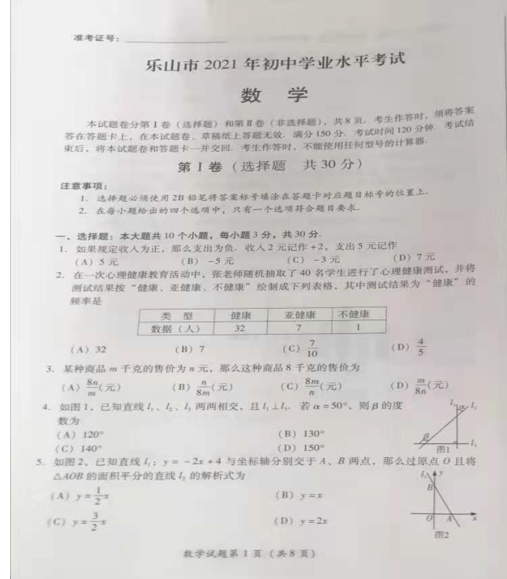 2021年四川乐山中考数学试卷第一页
